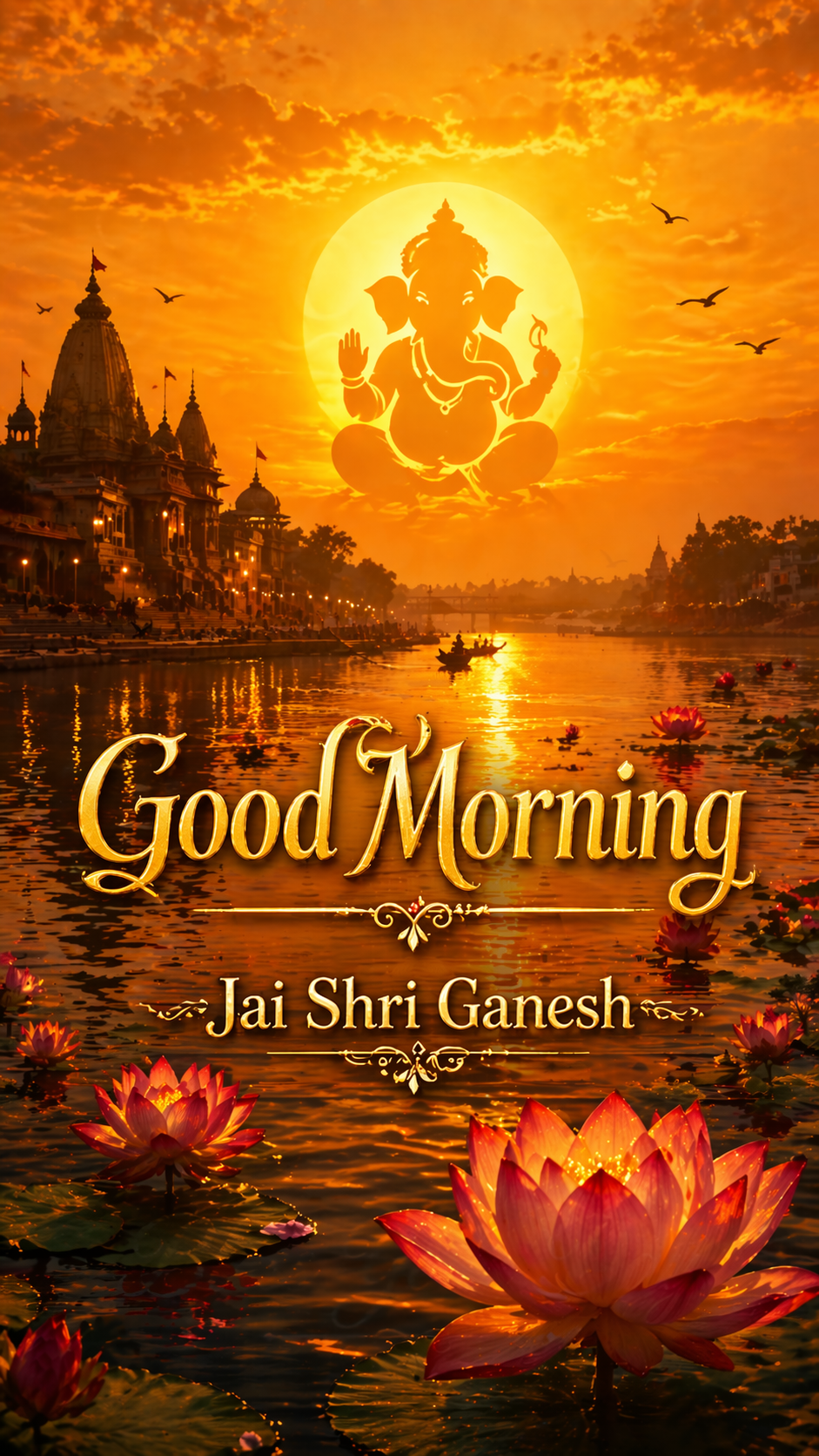 Good morning image Lord Ganesha silhouette lotus pond golden sunrise Jai Shri Ganesh